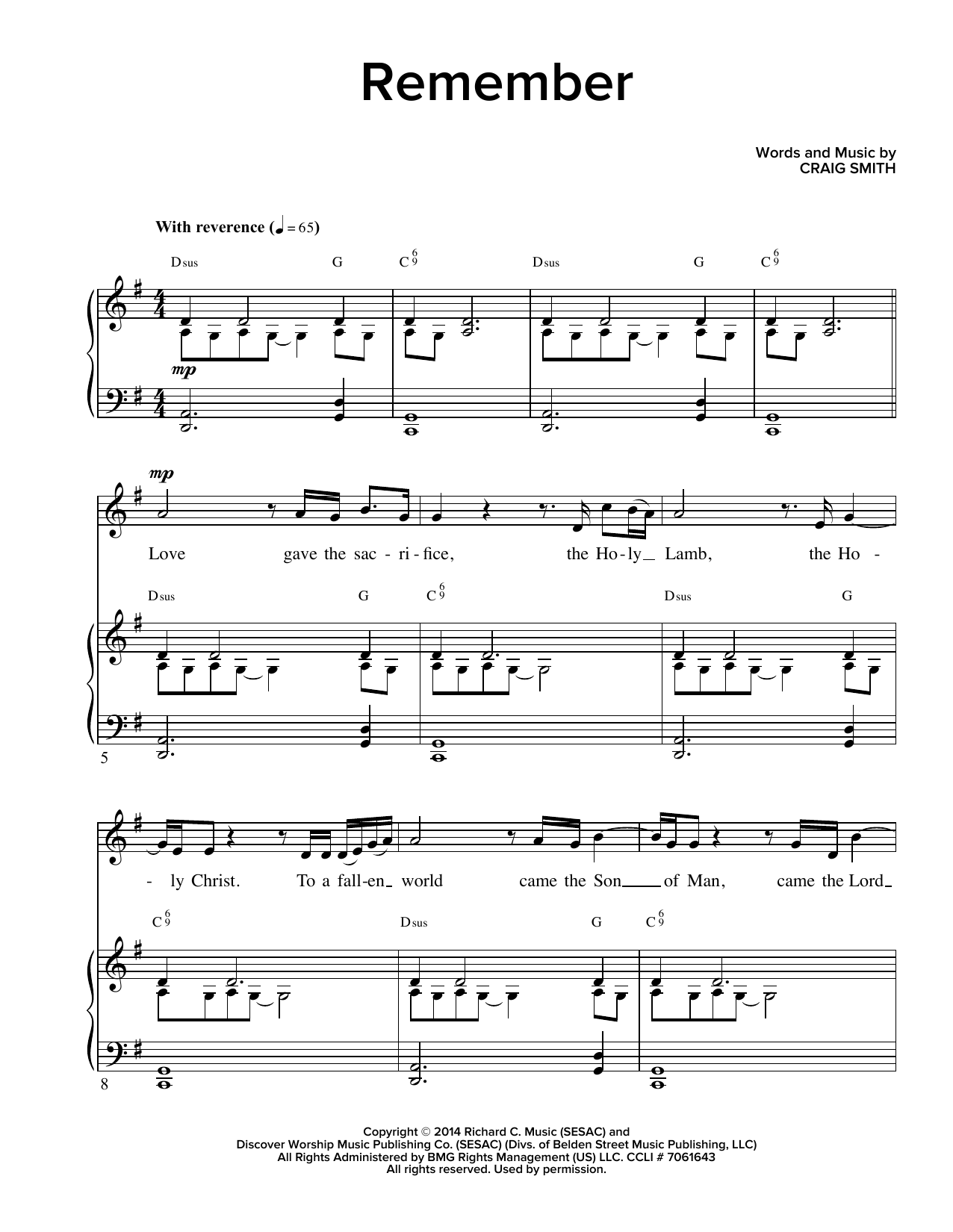 Craig Smith Remember sheet music notes and chords. Download Printable PDF.