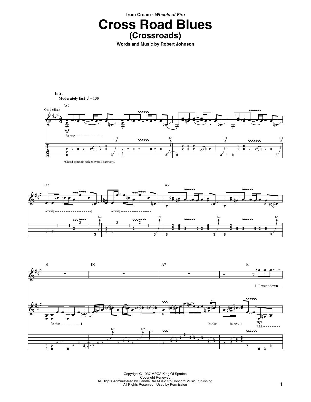 Cream Cross Road Blues (Crossroads) sheet music notes and chords. Download Printable PDF.
