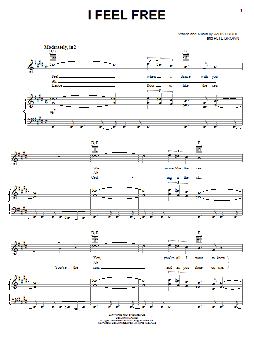 Cream I Feel Free sheet music notes and chords. Download Printable PDF.