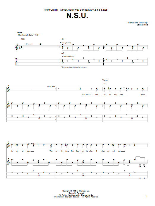 Cream N.S.U. sheet music notes and chords. Download Printable PDF.