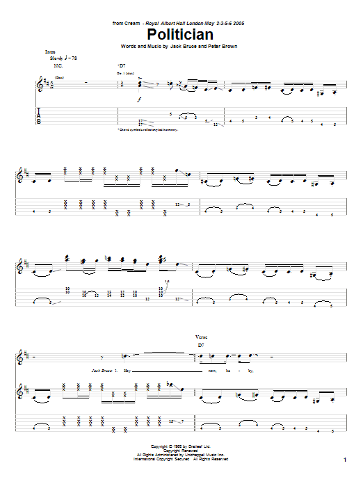 Cream Politician sheet music notes and chords. Download Printable PDF.