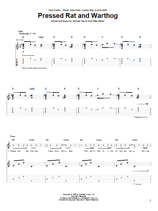 Cream Pressed Rat And Warthog sheet music notes and chords. Download Printable PDF.