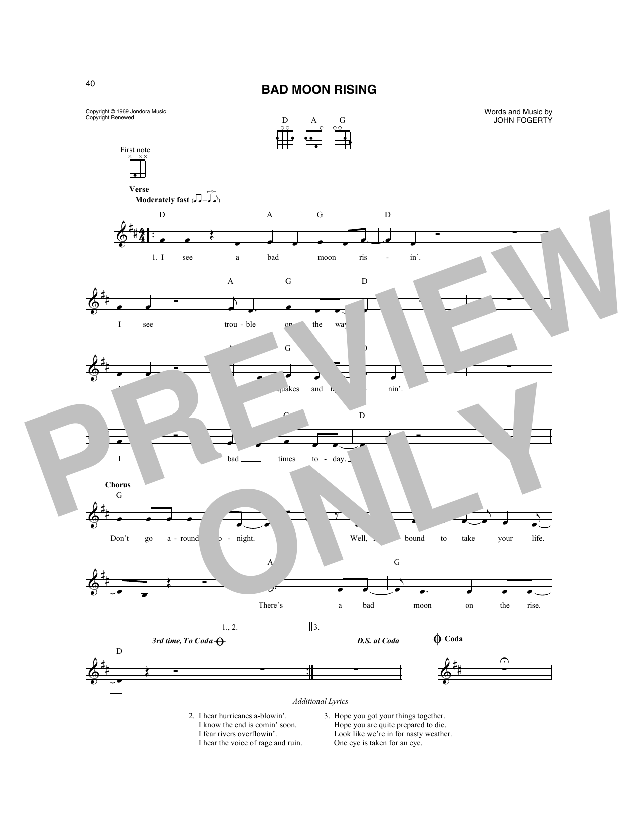 Creedence Clearwater Revival Bad Moon Rising sheet music notes and chords. Download Printable PDF.