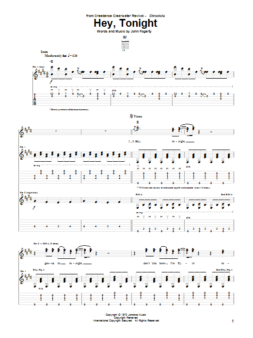 Creedence Clearwater Revival Hey, Tonight sheet music notes and chords. Download Printable PDF.