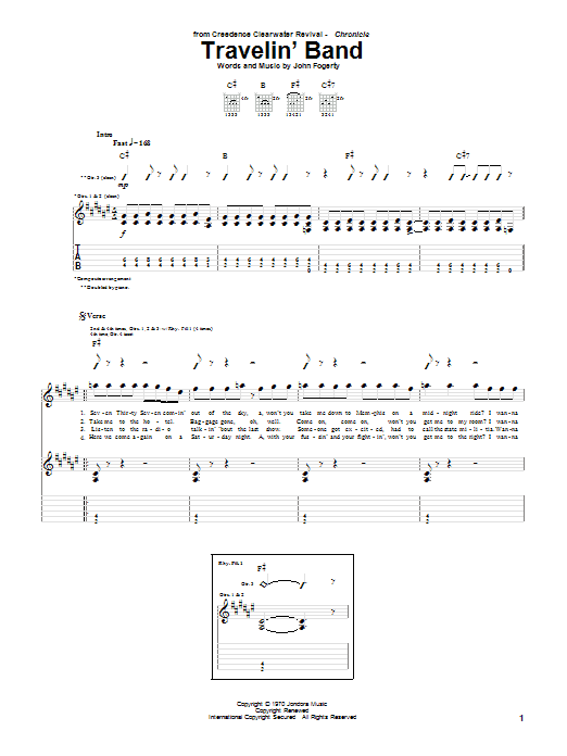 Creedence Clearwater Revival Travelin' Band sheet music notes and chords. Download Printable PDF.