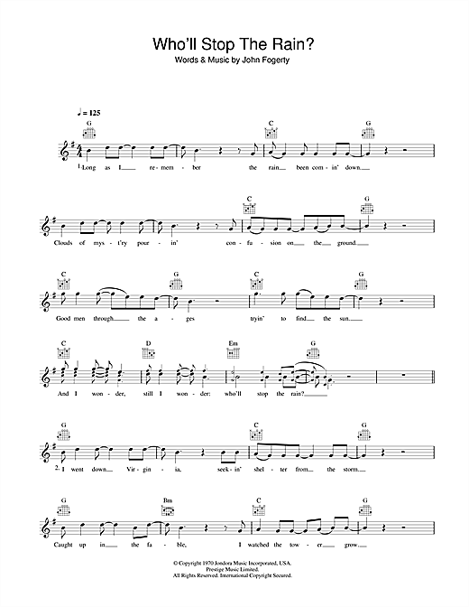 Learn to play Creedence Clearwater Revival Who'll Stop The Rain sheet music for Lead Sheet / Fake Book in minutes. Creedence Clearwater Revival Who'll Stop The Rain sheet music notes and chords. Download Printable PDF.