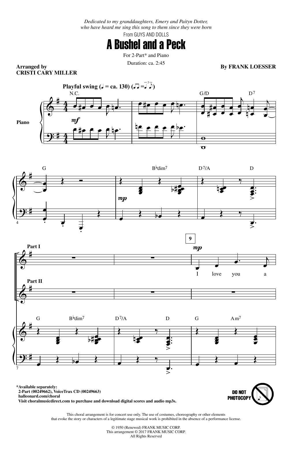 Learn to play Cristi Cary Miller A Bushel And A Peck sheet music for 2-Part Choir in minutes. Price: 3.9900$ Cristi Cary Miller A Bushel And A Peck sheet music notes and chords arranged for 2-Part Choir