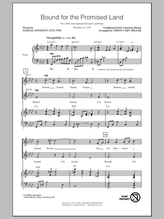Traditional Bound For The Promised Land (arr. Cristi Cary Miller) sheet music notes and chords. Download Printable PDF.