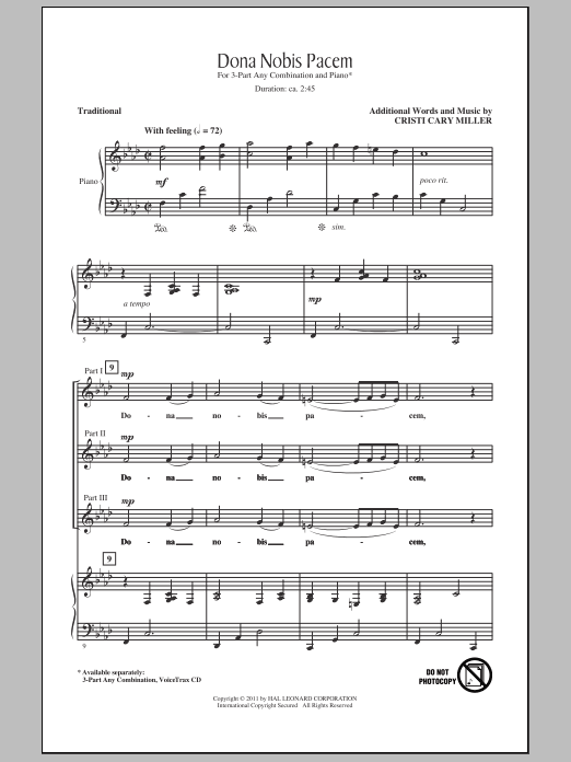 Learn to play Cristi Cary Miller Dona Nobis Pacem sheet music for 3-Part Mixed Choir in minutes. Price: 3.9900$ Cristi Cary Miller Dona Nobis Pacem sheet music notes and chords arranged for 3-Part Mixed Choir