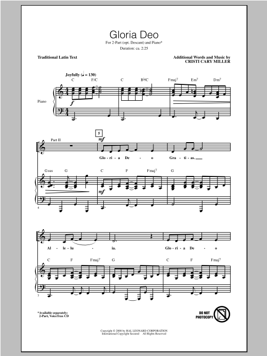 Learn to play Cristi Cary Miller Gloria Deo sheet music for 2-Part Choir in minutes. Price: 3.9900$ Cristi Cary Miller Gloria Deo sheet music notes and chords arranged for 2-Part Choir