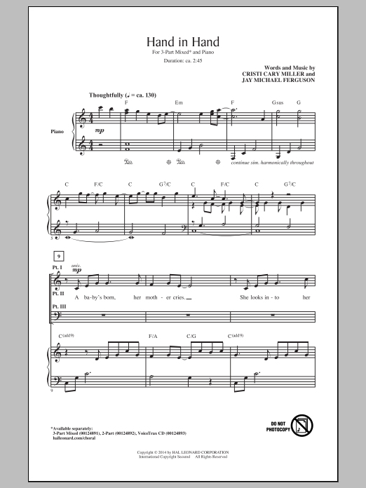 Learn to play Cristi Cary Miller Hand In Hand sheet music for 3-Part Mixed Choir in minutes. Price: 3.9900$ Cristi Cary Miller Hand In Hand sheet music notes and chords arranged for 3-Part Mixed Choir