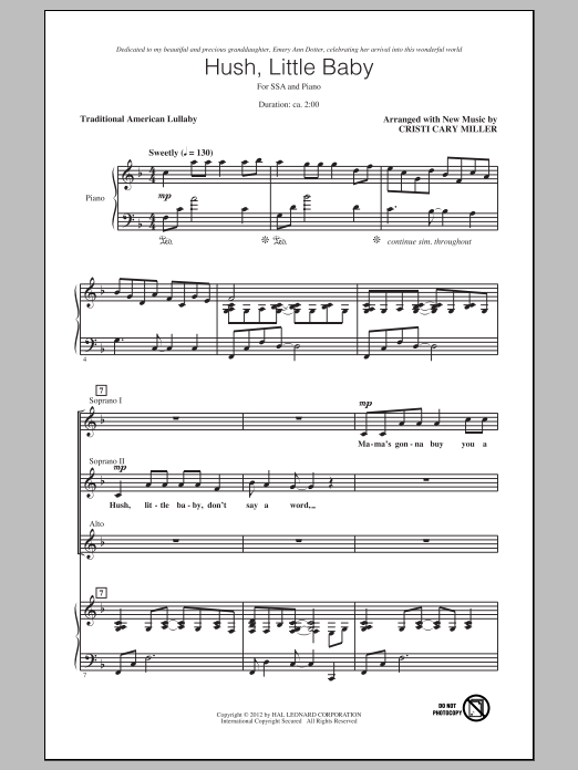 Learn to play Cristi Cary Miller Hush, Little Baby sheet music for SSA Choir in minutes. Price: 3.9900$ Cristi Cary Miller Hush, Little Baby sheet music notes and chords arranged for SSA Choir