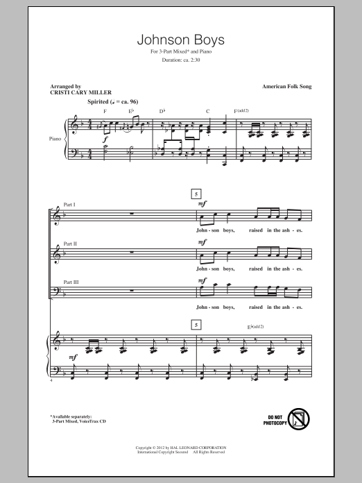 Cristi Cary Miller Johnson Boys sheet music notes and chords. Download Printable PDF.