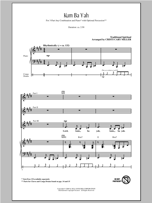 Learn to play Traditional Kum Ba Yah (arr. Cristi Cary Miller) sheet music for 3-Part Mixed Choir in minutes. Price: 3.9900$ Traditional Kum Ba Yah (arr. Cristi Cary Miller) sheet music notes and chords arranged for 3-Part Mixed Choir