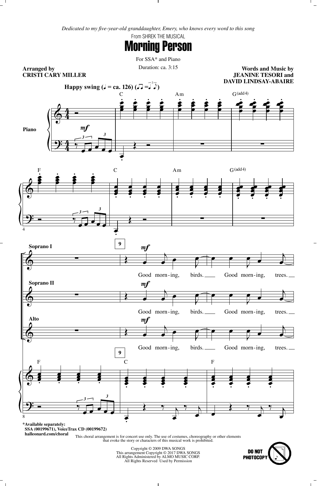 Learn to play Cristi Cary Miller Morning Person sheet music for SSA Choir in minutes. Price: 3.9900$ Cristi Cary Miller Morning Person sheet music notes and chords arranged for SSA Choir