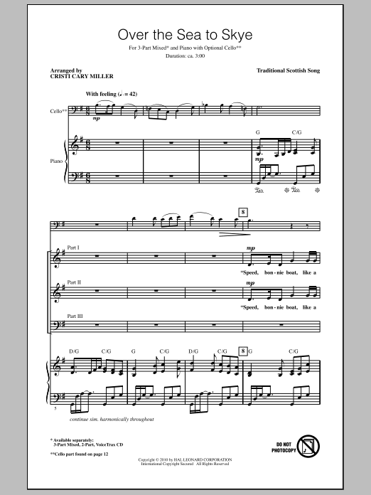 Learn to play Cristi Cary Miller The Skye Boat Song sheet music for 3-Part Mixed Choir in minutes. Price: 3.9900$ Cristi Cary Miller The Skye Boat Song sheet music notes and chords arranged for 3-Part Mixed Choir