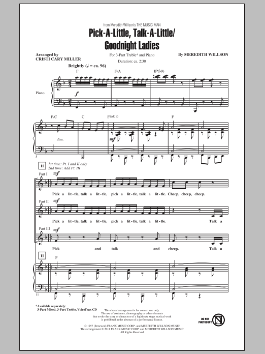 Learn to play Cristi Cary Miller Pick-A-Little, Talk-A-Little / Goodnight Ladies sheet music for 3-Part Treble Choir in minutes. Price: 3.9900$ Cristi Cary Miller Pick-A-Little, Talk-A-Little / Goodnight Ladies sheet music notes and chords arranged for 3-Part Treble Choir