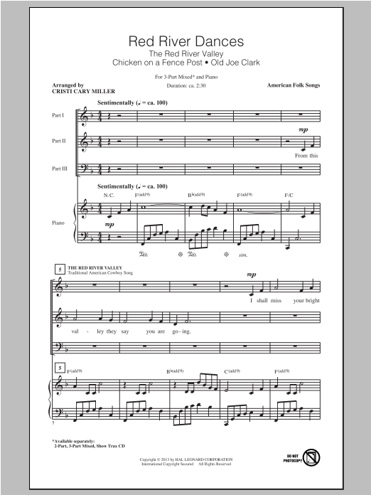 Learn to play Cristi Cary Miller Red River Dances sheet music for 3-Part Mixed Choir in minutes. Price: 3.9900$ Cristi Cary Miller Red River Dances sheet music notes and chords arranged for 3-Part Mixed Choir