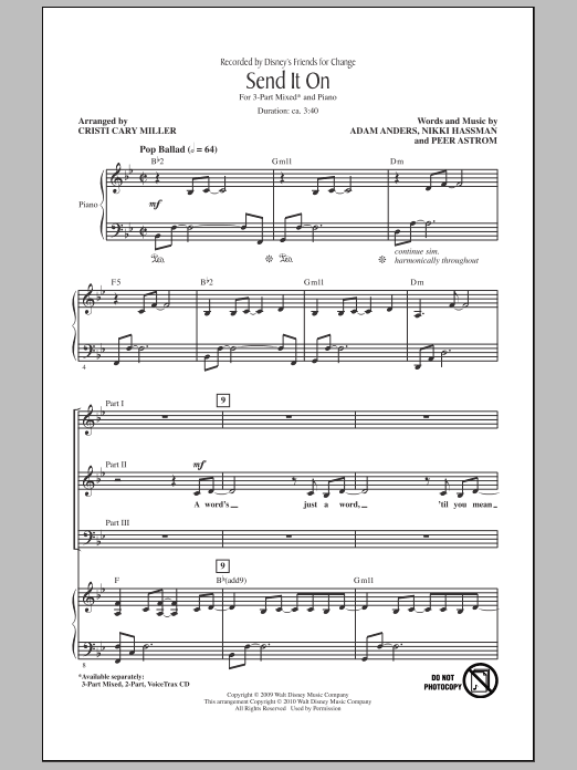 Learn to play Cristi Cary Miller Send It On sheet music for 3-Part Mixed Choir in minutes. Price: 3.9900$ Cristi Cary Miller Send It On sheet music notes and chords arranged for 3-Part Mixed Choir