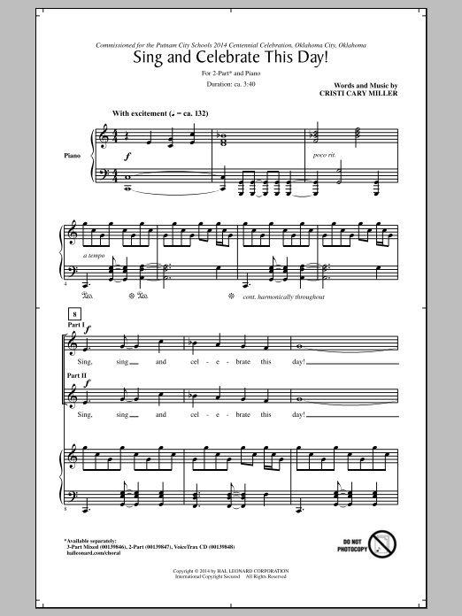 Learn to play Cristi Cary Miller Sing And Celebrate This Day! sheet music for 2-Part Choir in minutes. Price: 3.9900$ Cristi Cary Miller Sing And Celebrate This Day! sheet music notes and chords arranged for 2-Part Choir
