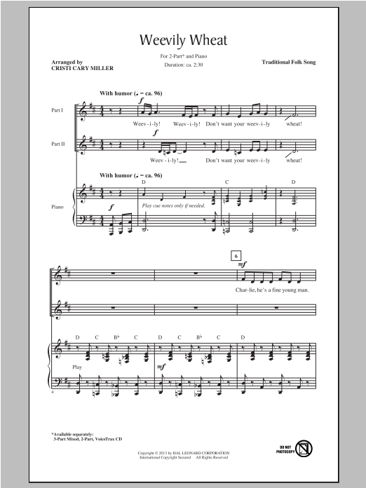 Cristi Cary Miller Weevily Wheat sheet music notes and chords arranged for 2-Part Choir