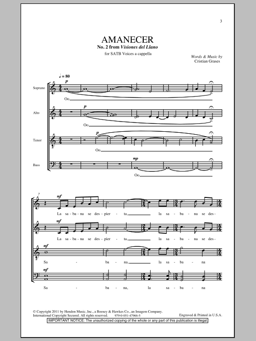 Learn to play Cristian Grases Amanecer (No. 2 From Visiones Dellano) sheet music for SATB Choir in minutes. Cristian Grases Amanecer (No. 2 From Visiones Dellano) sheet music notes and chords. Download Printable PDF.