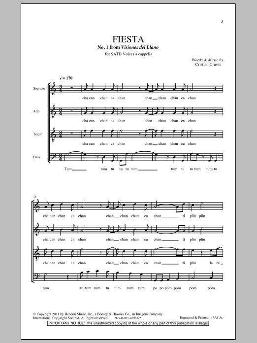 Learn to play Cristian Grases Fiesta (No. 1 From Visiones Dellano) sheet music for SATB Choir in minutes. Cristian Grases Fiesta (No. 1 From Visiones Dellano) sheet music notes and chords. Download Printable PDF.