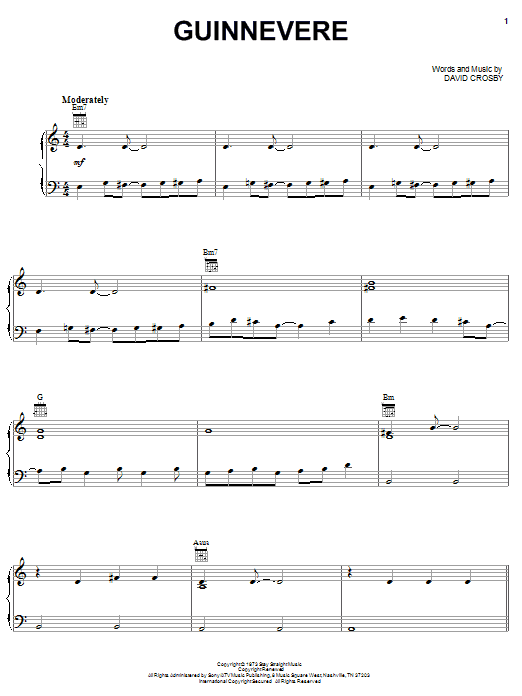 Crosby, Stills & Nash Guinnevere sheet music notes and chords. Download Printable PDF.