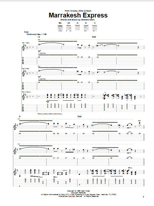 Crosby, Stills & Nash Marrakesh Express sheet music notes and chords. Download Printable PDF.