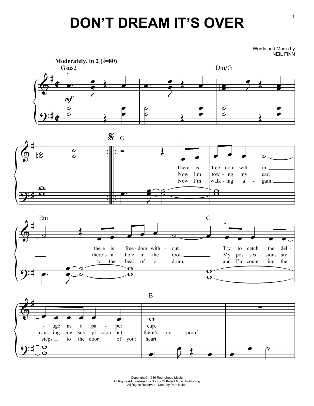 Crowded House Don't Dream It's Over sheet music notes and chords. Download Printable PDF.