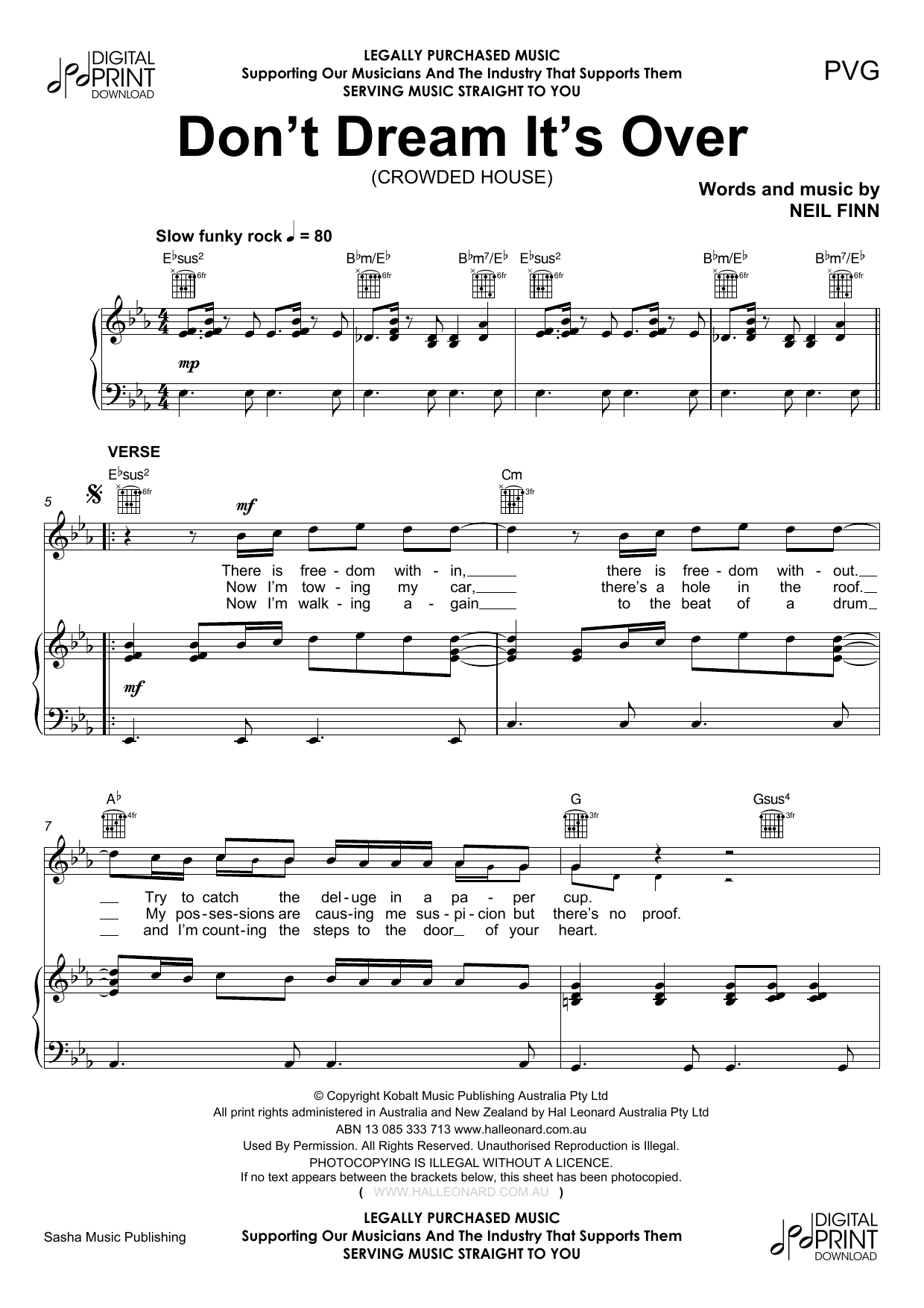 Crowded House "Don't Dream Its Over" Sheet Music PDF Notes, Chords
