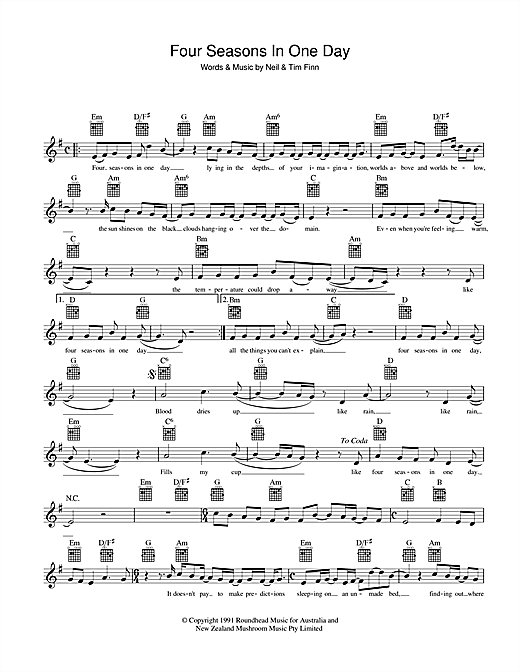 Learn to play Crowded House Four Seasons In One Day sheet music for Piano, Vocal & Guitar (Right-Hand Melody) in minutes. Crowded House Four Seasons In One Day sheet music notes and chords. Download Printable PDF.