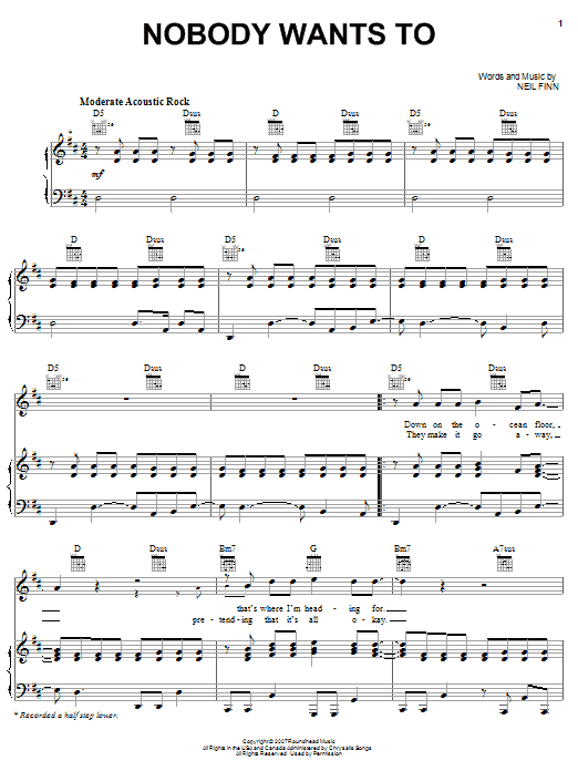 Crowded House Nobody Wants To sheet music notes and chords. Download Printable PDF.