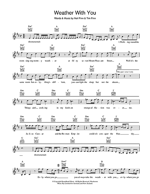 Learn to play Crowded House Weather With You sheet music for Piano, Vocal & Guitar (Right-Hand Melody) in minutes. Crowded House Weather With You sheet music notes and chords. Download Printable PDF.