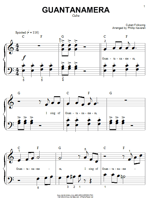 Learn to play Cuban Folksong Guantanamera sheet music for Big Note Piano in minutes. Price: 6.9900$ Cuban Folksong Guantanamera sheet music notes and chords arranged for Big Note Piano