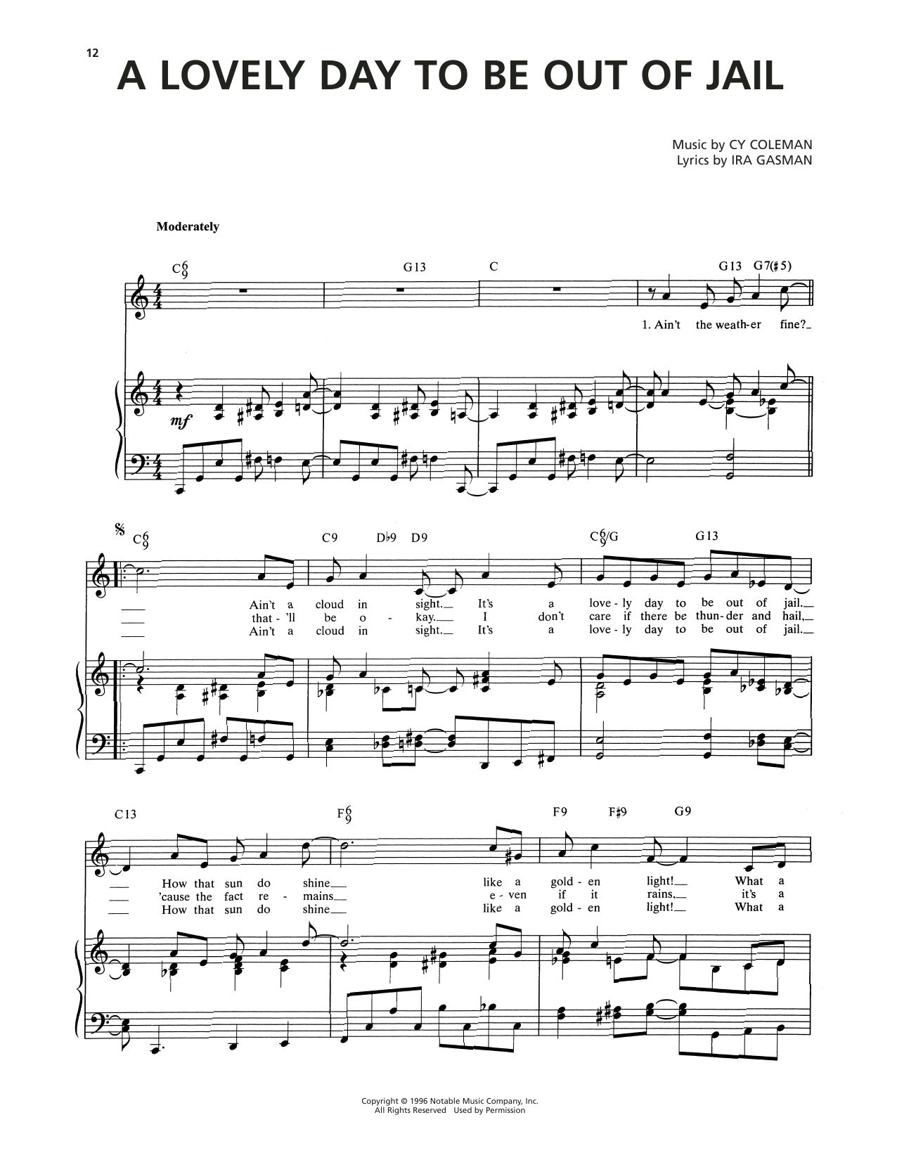 Cy Coleman A Lovely Day To Be Out Of Jail (from The Life) sheet music notes and chords. Download Printable PDF.