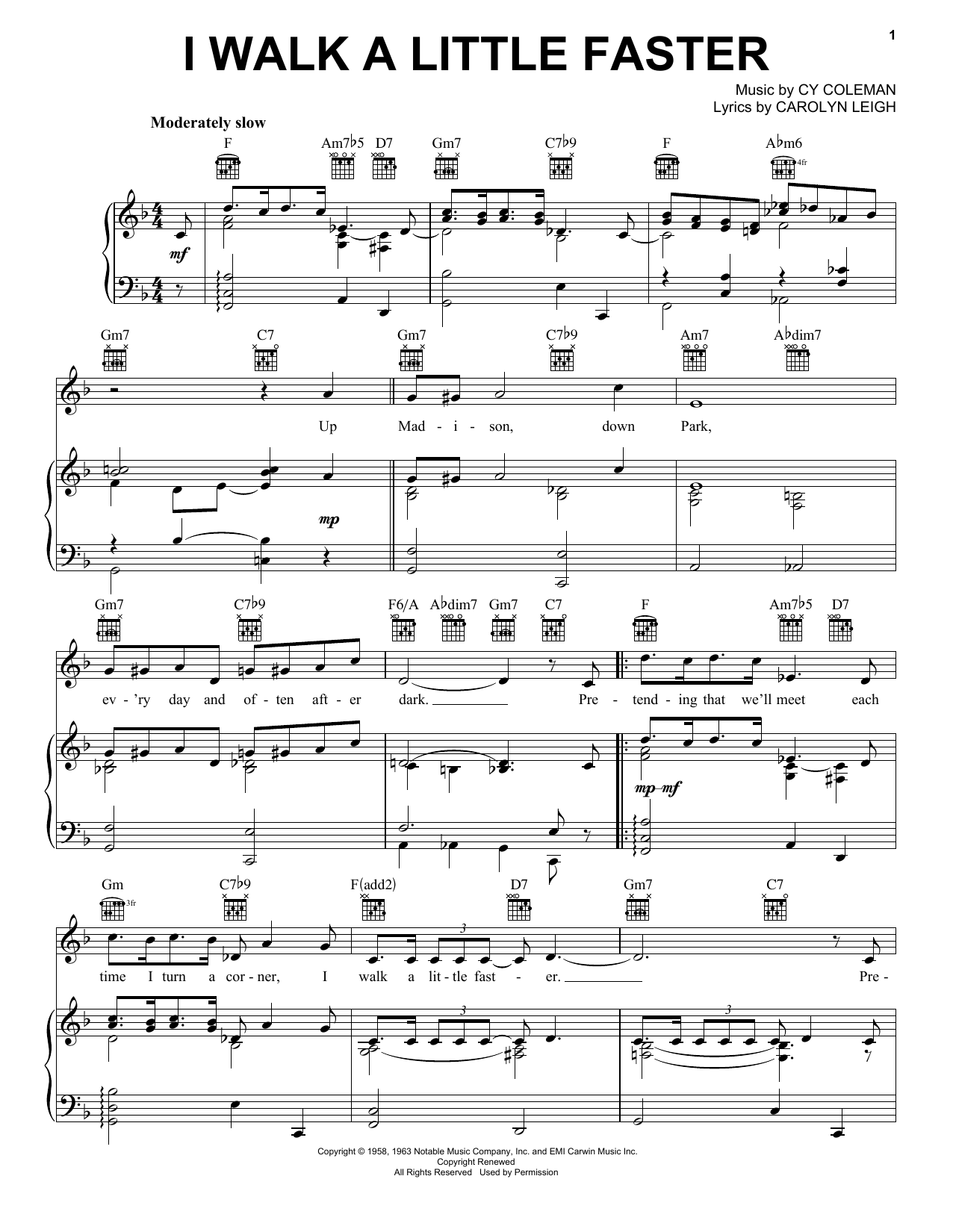 Cy Coleman I Walk A Little Faster sheet music notes and chords. Download Printable PDF.