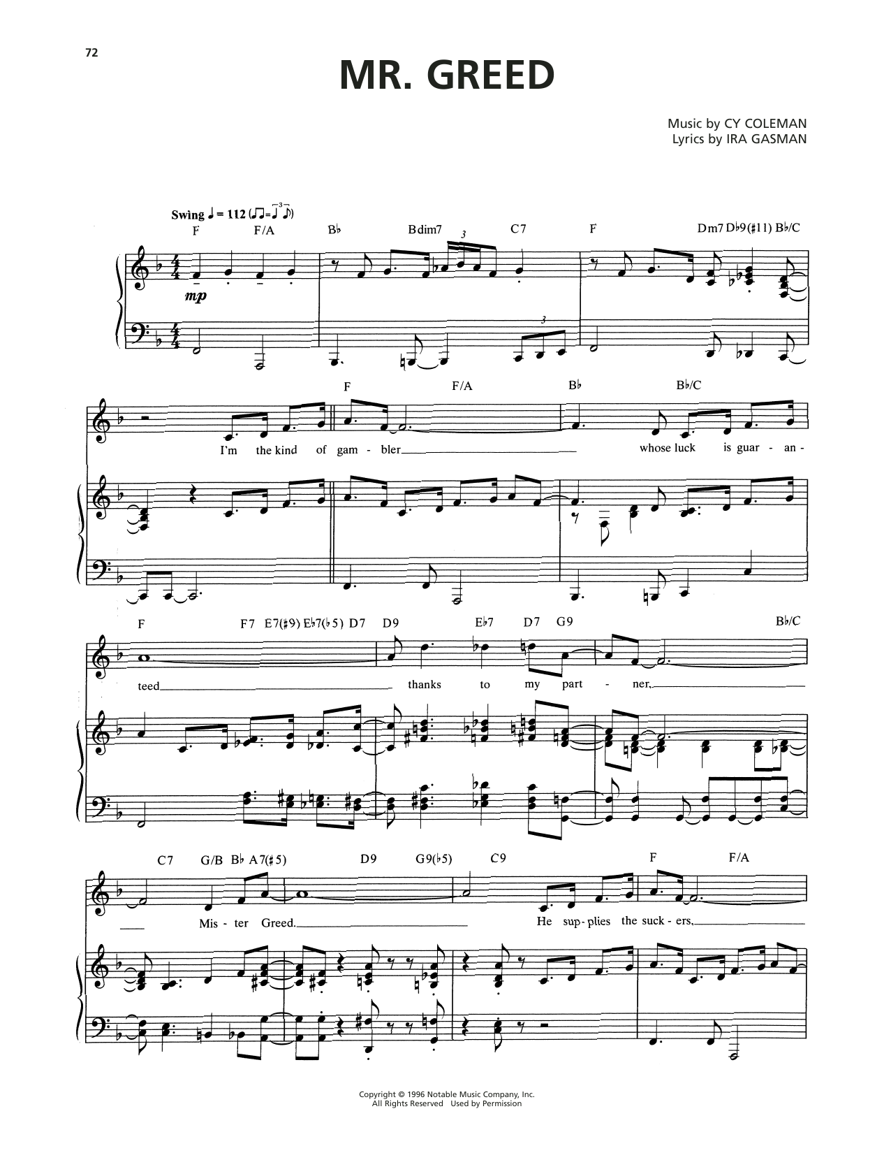 Cy Coleman Mr. Greed (from The Life) sheet music notes and chords. Download Printable PDF.