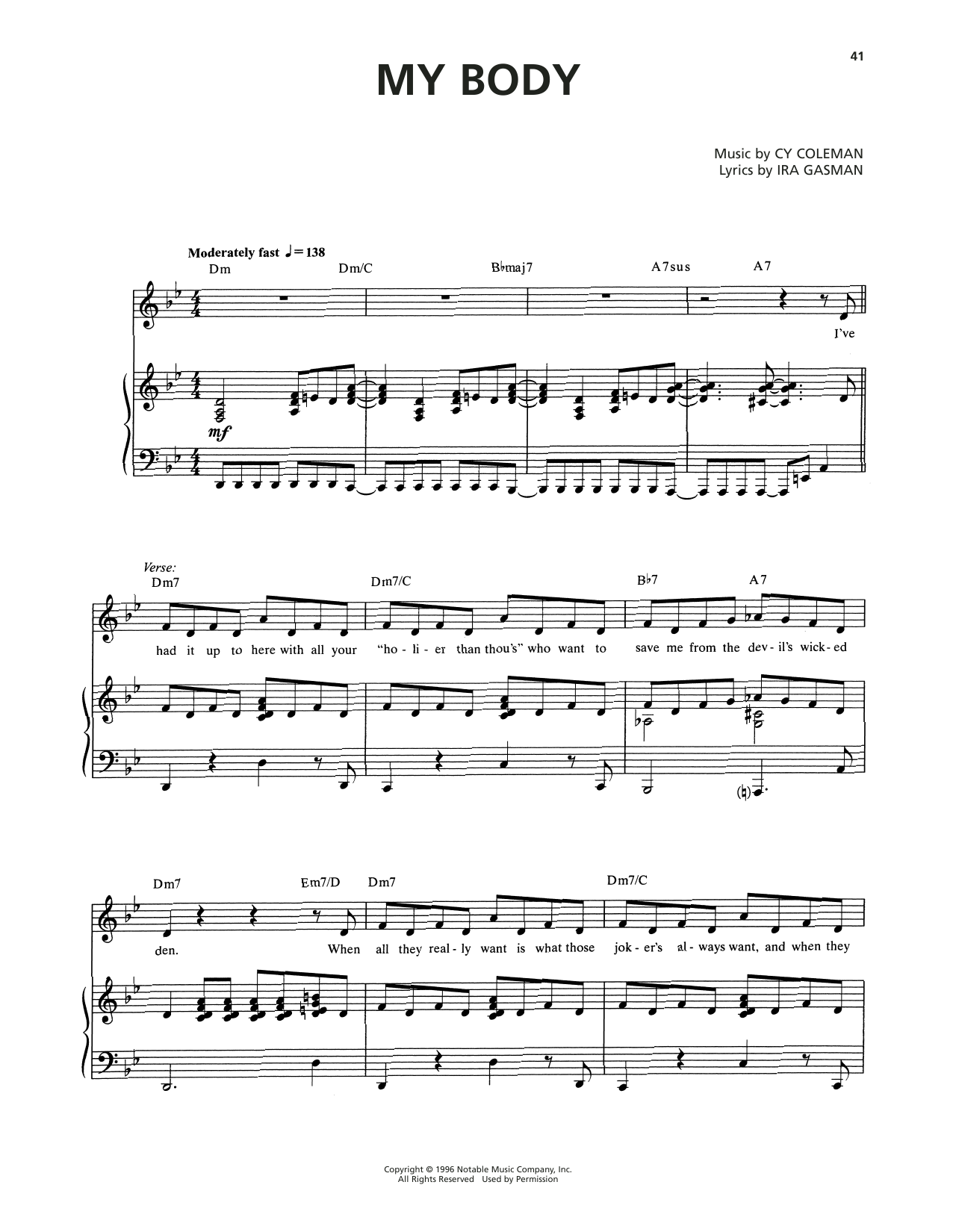 Cy Coleman My Body (from The Life) sheet music notes and chords. Download Printable PDF.