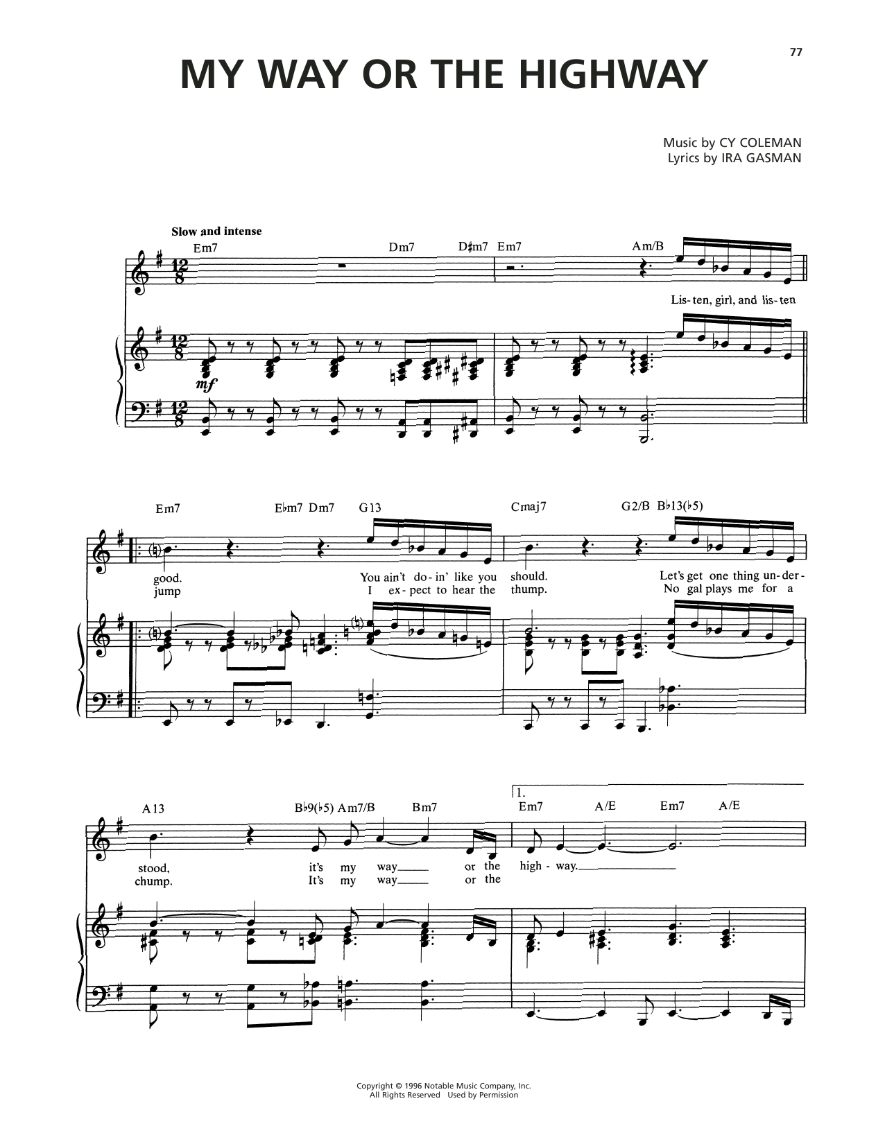 Cy Coleman My Way Or The Highway (from The Life) sheet music notes and chords. Download Printable PDF.