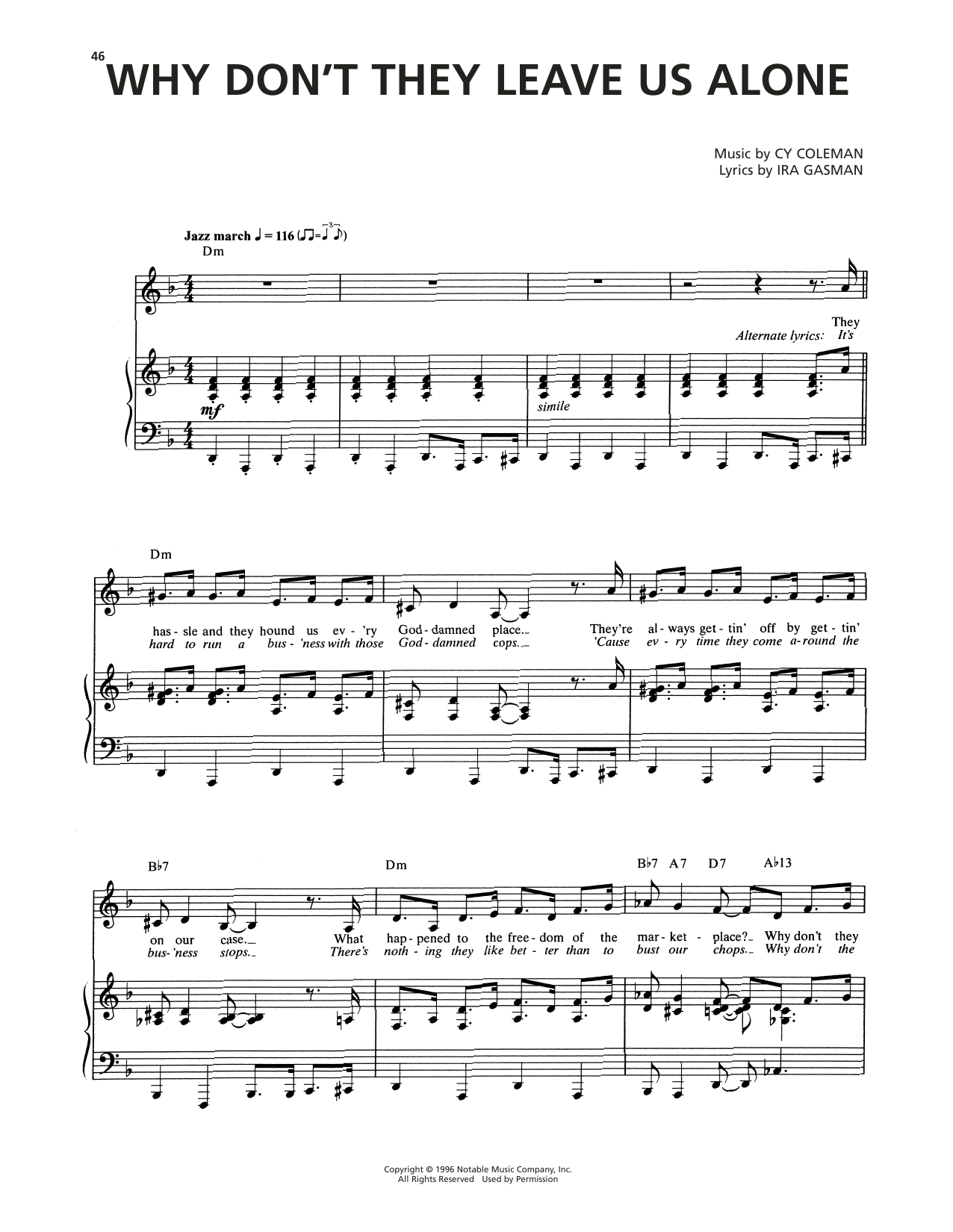 Cy Coleman Why Don't They Leave Us Alone (from The Life) sheet music notes and chords. Download Printable PDF.