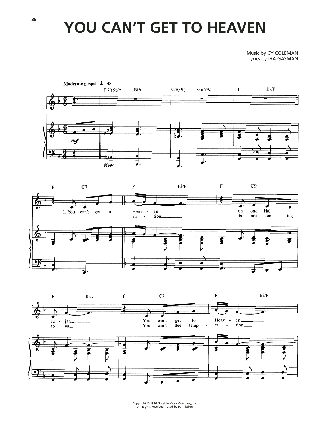 Cy Coleman You Can't Get To Heaven (from The Life) sheet music notes and chords. Download Printable PDF.