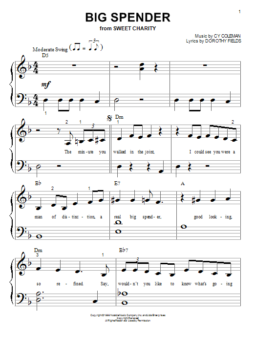 Shirley Bassey Big Spender (from Sweet Charity) sheet music notes and chords. Download Printable PDF.