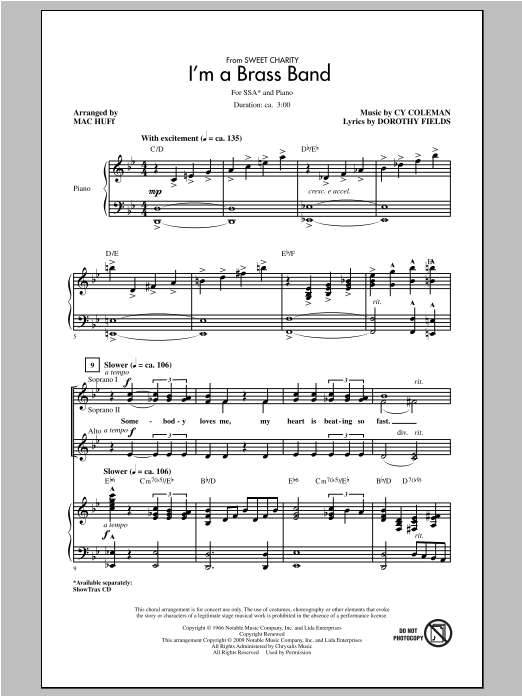 Learn to play Cy Coleman I'm A Brass Band (from Sweet Charity) (arr. Mac Huff) sheet music for SSA Choir in minutes. Cy Coleman I'm A Brass Band (from Sweet Charity) (arr. Mac Huff) sheet music notes and chords. Download Printable PDF.