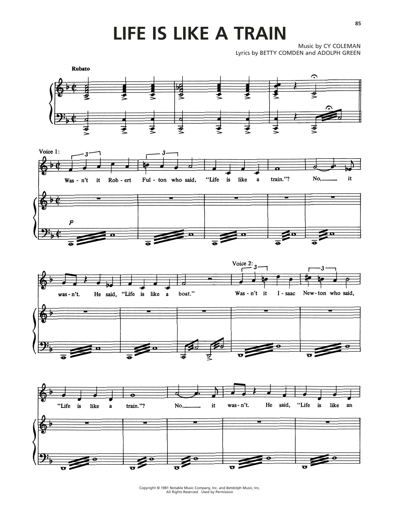 Learn to play Cy Coleman Life Is Like A Train (from On The Twentieth Century) sheet music for Piano, Vocal & Guitar Chords (Right-Hand Melody) in minutes. Price: 6.9900$ Cy Coleman Life Is Like A Train (from On The Twentieth Century) sheet music notes and chords arranged for Piano, Vocal & Guitar Chords (Right-Hand Melody)