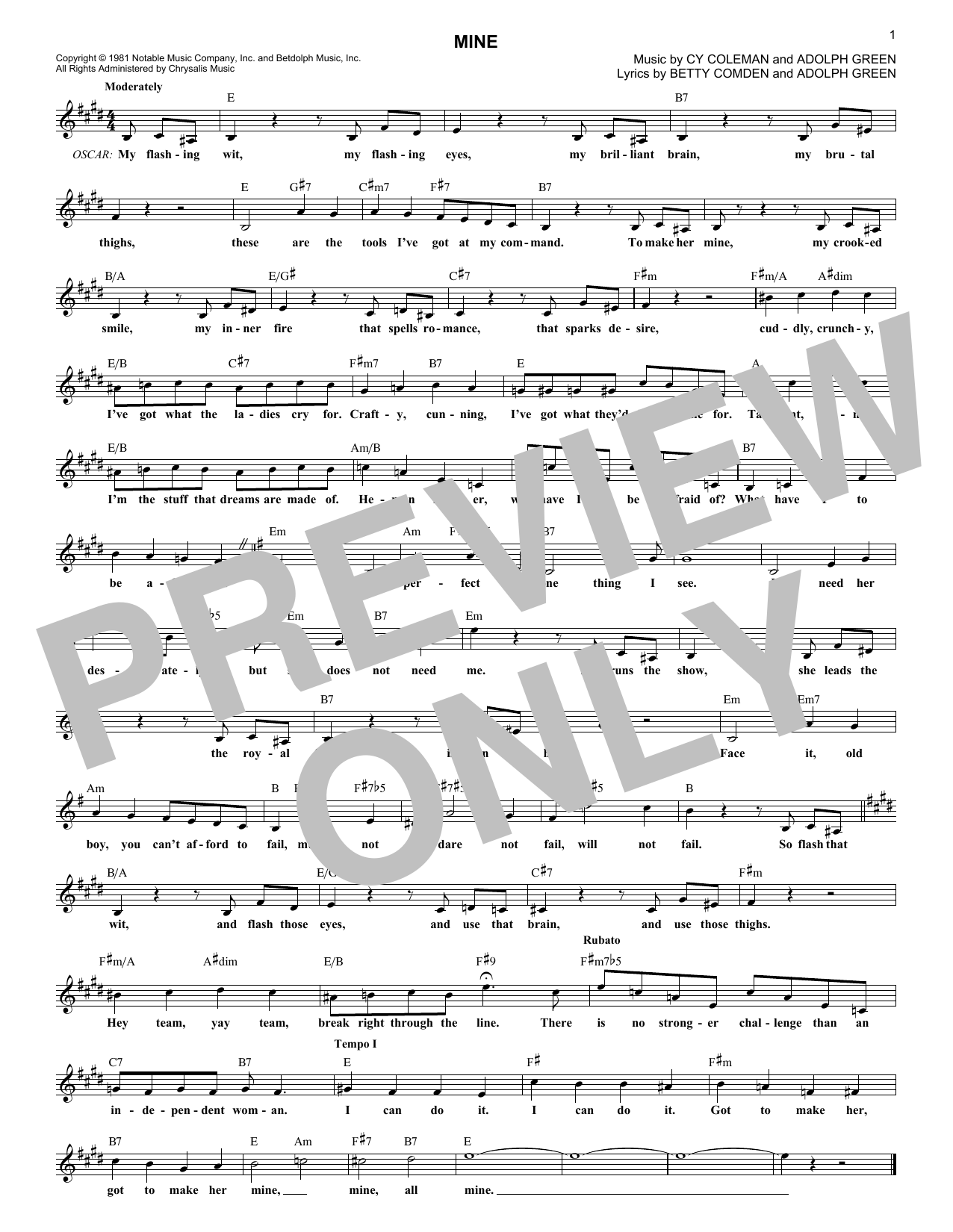 Cy Coleman Mine sheet music notes and chords. Download Printable PDF.