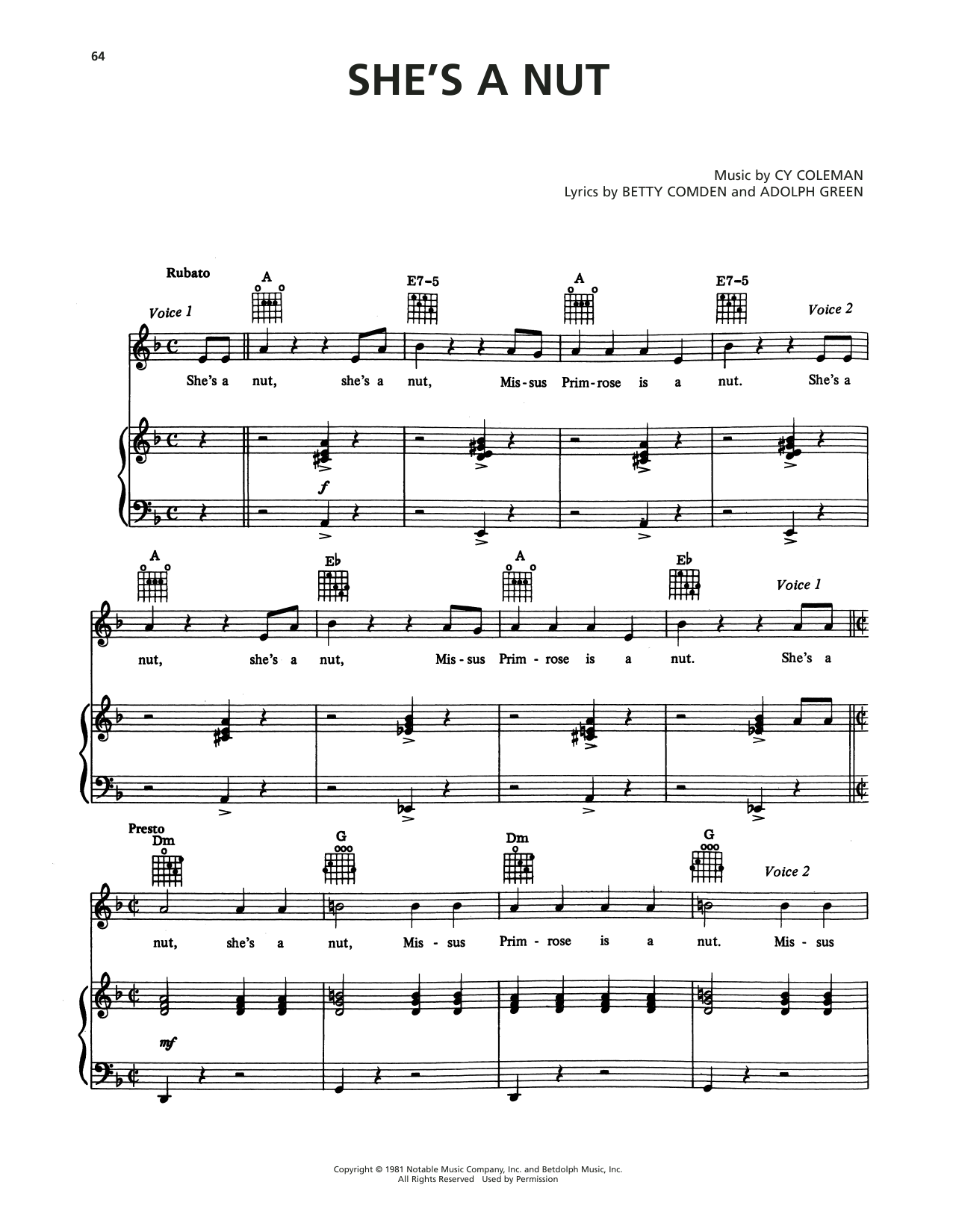 Learn to play Cy Coleman She's A Nut (from On The Twentieth Century) sheet music for Piano, Vocal & Guitar Chords (Right-Hand Melody) in minutes. Price: 6.9900$ Cy Coleman She's A Nut (from On The Twentieth Century) sheet music notes and chords arranged for Piano, Vocal & Guitar Chords (Right-Hand Melody)