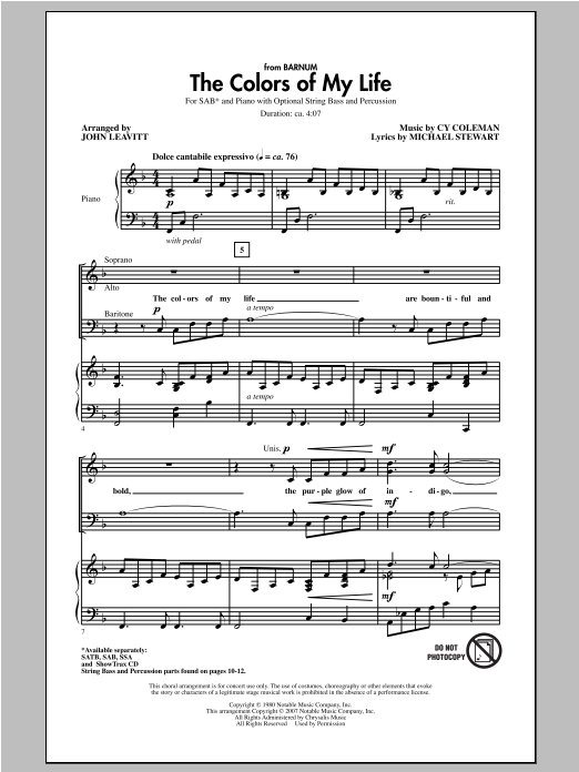 Learn to play Cy Coleman The Colors Of My Life (arr. John Leavitt) sheet music for SSA Choir in minutes. Cy Coleman The Colors Of My Life (arr. John Leavitt) sheet music notes and chords. Download Printable PDF.