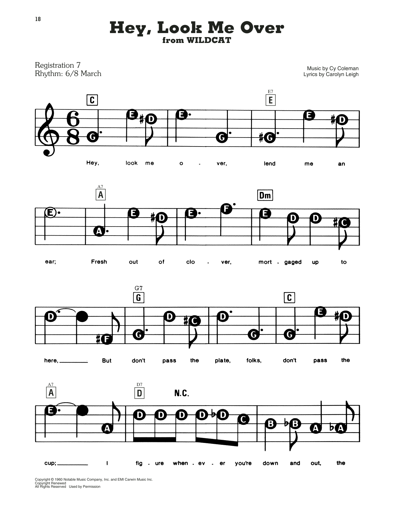 Learn to play Cy Coleman and Carolyn Leigh Hey, Look Me Over (from Wildcat) sheet music for E-Z Play Today in minutes. Cy Coleman and Carolyn Leigh Hey, Look Me Over (from Wildcat) sheet music notes and chords. Download Printable PDF.