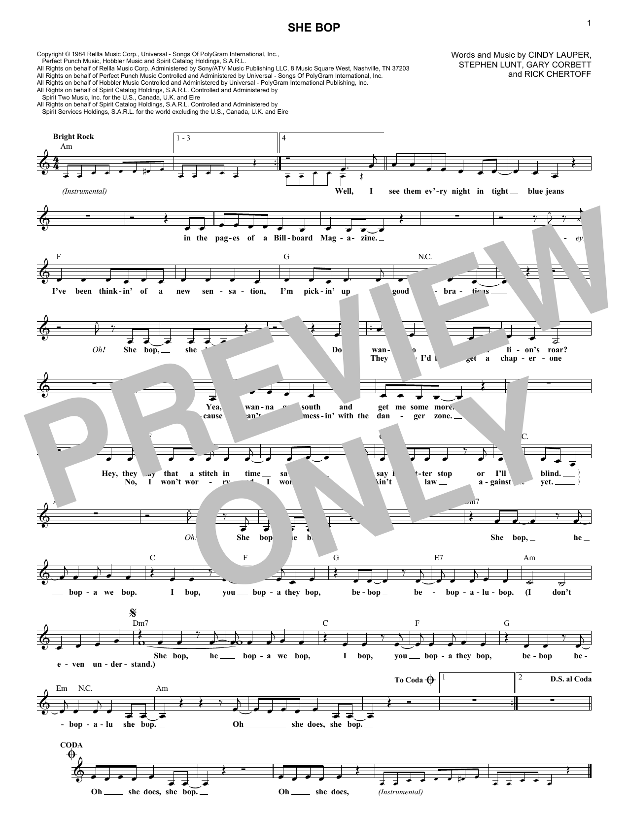 Cyndi Lauper She Bop sheet music notes and chords. Download Printable PDF.